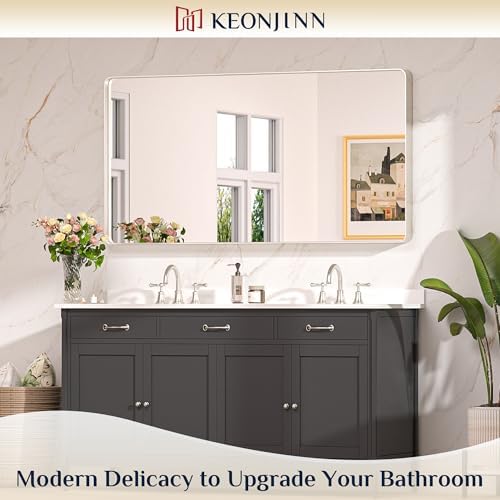 Keonjinn 55 x 30 Inch Brushed Nickel Bathroom Mirror, Tempered Glass