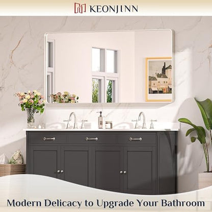 Keonjinn 55 x 30 Inch Brushed Nickel Bathroom Mirror, Tempered Glass