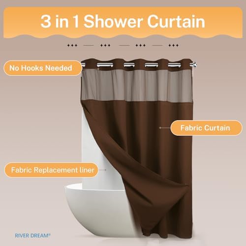 RiverDream Heavyweight Waffle No Hook Shower Curtain with Liner,Brown,71x74