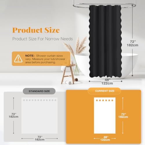 BTTN 48x72 Boho Scalloped Linen Textured Cloth Shower Curtain Set, Black
