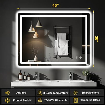 LED Bathroom Mirror with Lights, 30"x40" Lighted Vanity Mirror for Wall