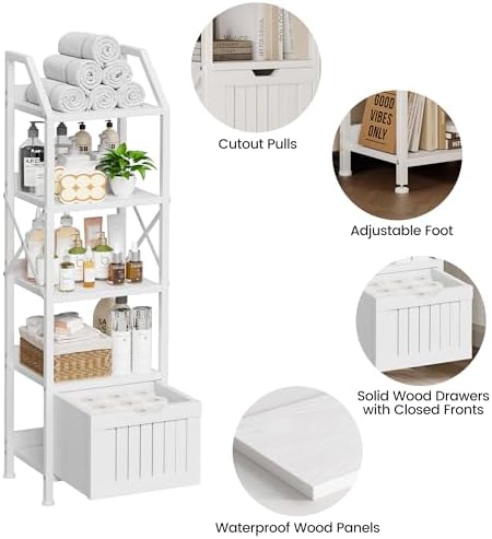 Homeiju 5-Tier Bathroom Storage Organizer Rack with Wood Drawer