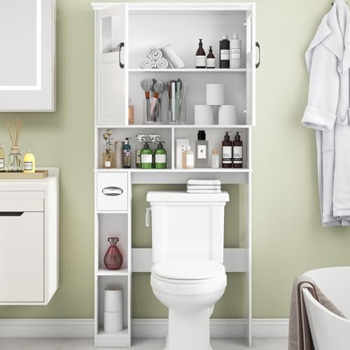 Vabches Over The Toilet Storage Cabinet with Doors & Paper Holder, White