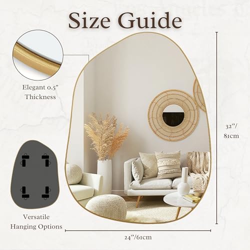 PERFNIQUE Irregular Asymmetrical Wall Mirror, 32"x24" Gold Bathroom Mirror