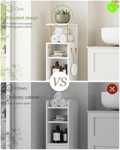 Bathroom Storage Cabinet,Small Corner Floor Cabinet with 2 Hook,Narrow Toilet Paper Cabinet with Adjustable Shelves,Bathroom Organizer for Living Room,Small Spaces (Wave, White-37''H)