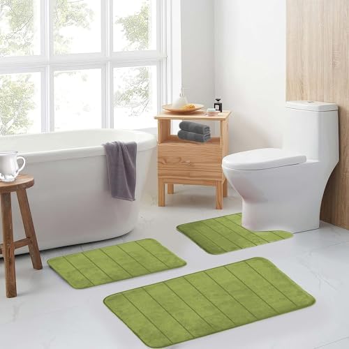 RUN HELIX Sage Green Bathroom Rugs Sets 3 Piece Memory Foam Non Slip Bath Mats for Bathroom Floor and U-Shaped Contour Toilet Rug, Soft Washable Bathrom Sets Mats and Rugs Sets for Toilet Shower Sink