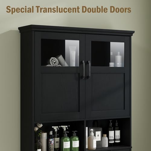 Vabches Over The Toilet Storage Cabinet with Doors & Paper Holder, Black