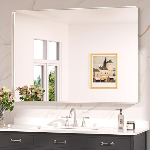 Keonjinn 48 x 36 Inch Brushed Nickel Bathroom Vanity Mirror, Aluminum Frame