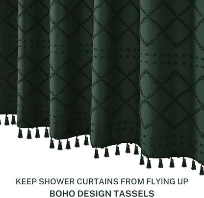 Siiluminisoy Dark Green Boho Shower Curtain Woven Fabric Cute Shower Curtain, 72 x 72 Tufted Chevron Textured Striped Modern Farmhouse Minimalist Cloth Shower Curtains for Bathroom