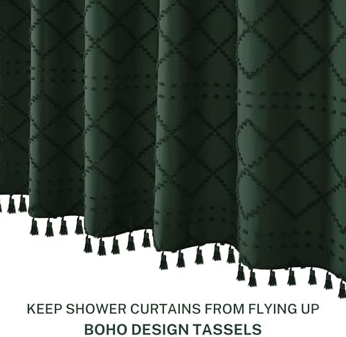 Siiluminisoy Extra Long Dark Green Boho Woven Fabric Cute 96 Inch Shower Curtain, 72 x 96 Tufted Chevron Textured Striped Modern Farmhouse Minimalist Cloth Shower Curtain for Bathroom