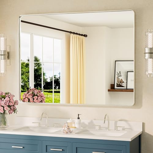 TETOTE 48 x 36 Inch Brushed Nickel Bathroom Mirror Metal Framed Bathroom Mirror, Tempered Glass, Modern Farmhouse Wall Mounted Mirror for Decorative(Horizontal/Vertical)