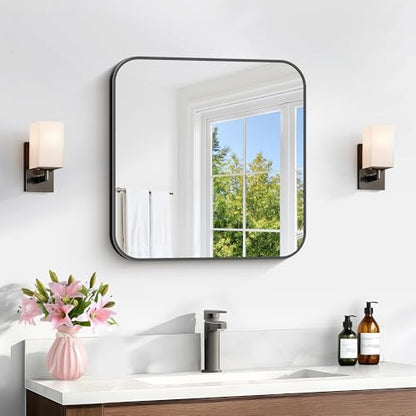 Black Bathroom Mirror, 18 x 18 inch Square Mirrors for Wall, Metal Frame Rounded Corner Vanity Mirror for Over Sinks Modern Bedroom Living Room Horizontal Or Vertical Mounting