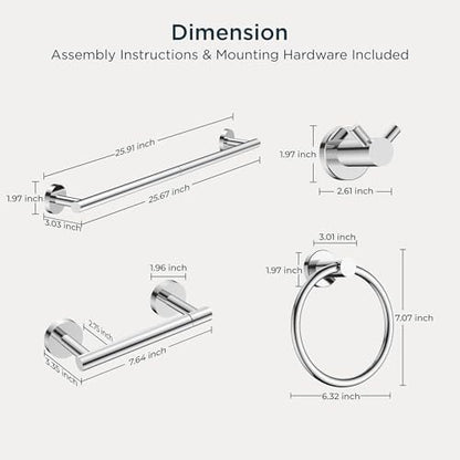 FORIOUS Bathroom Accessories, 4-Piece Bathroom Hardware Set - 24" Towel Bar