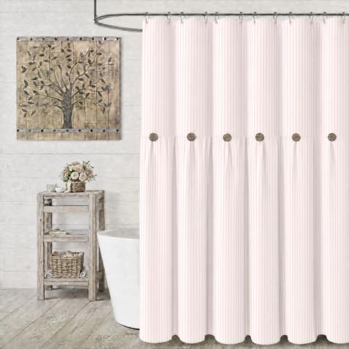 Farmhouse Shower Curtain Button Pink Stripe 72" W x 72" L