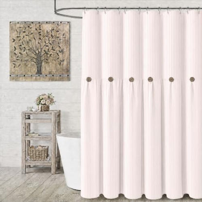 Farmhouse Shower Curtain Button Pink Stripe 72" W x 72" L