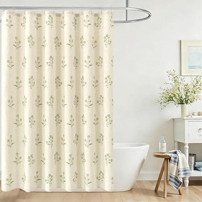 ORTIGIA Linen Shower Curtain 60 W x 72 L Farmhouse Vintage Sage Green Floral Shower Curtains Modern Boho Rustic Block Print Cottagecore Decor for Bathroom