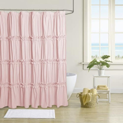 Farmhouse Ruffle Shower Curtain, Peach Pink, 72 x 72 in
