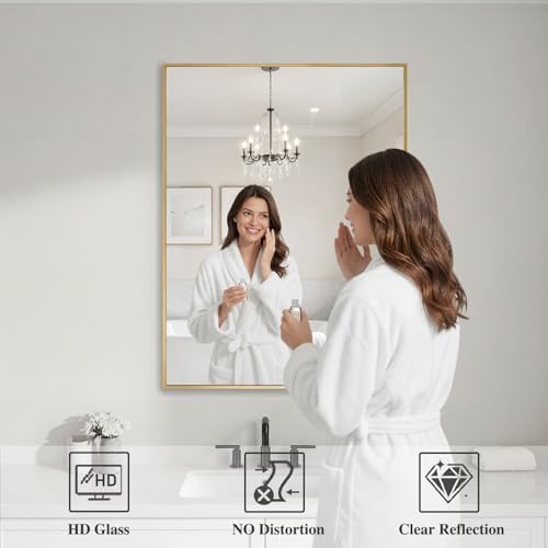 Koonmi Gold Rectangle Wall Mirror, 24x32 Inch Bathroom Mirror, Aluminum Frame Vanity Mirror for Entryway, Living Room, Bedroom Bathroom, Hangs Horizontally or Vertically