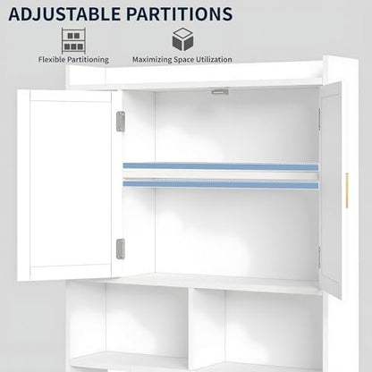 VECELO Over The Toilet Storage Cabinet, Storage Cabinet Over Toilet with Adjustable Shelves & Toilet Paper Holder Stand, Home Space-Saving Toilet Storage, for Bathroom, Restroom, Laundry, White