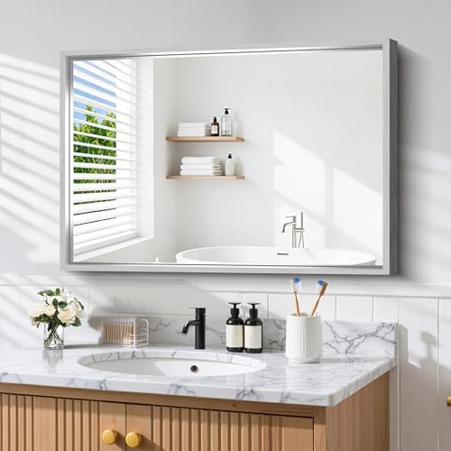 CIRCUMI 30"x42" Brushed Silver Bathroom Mirror, Rectangular Vanity Mirror