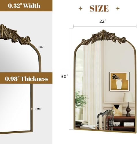 Dewfig Vintage Arched Wall Mirror, 30"x22" Bronze Antique Bathroom Mirror