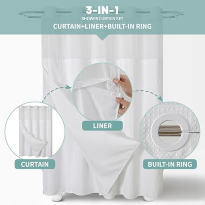 eachope No Hook Waffle Shower Curtain with Snap-in Liner, 36x74 Inch, White