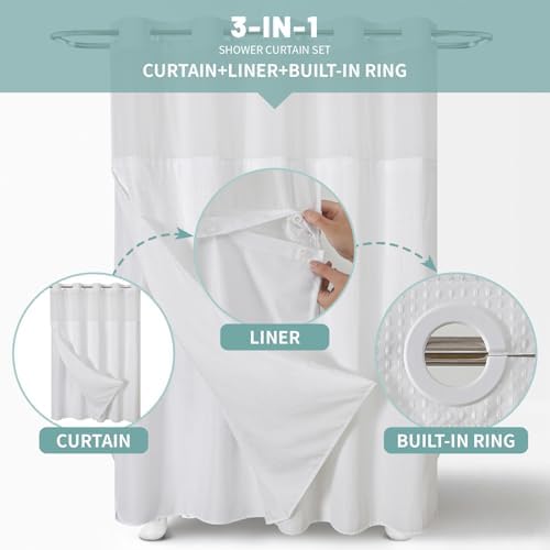 eachope No Hook Long Waffle Shower Curtain, Snap-in Liner, 71x86 in, White