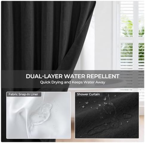 River Dream Linen Textured No Hooks Shower Curtain with Liner,Black,71x74