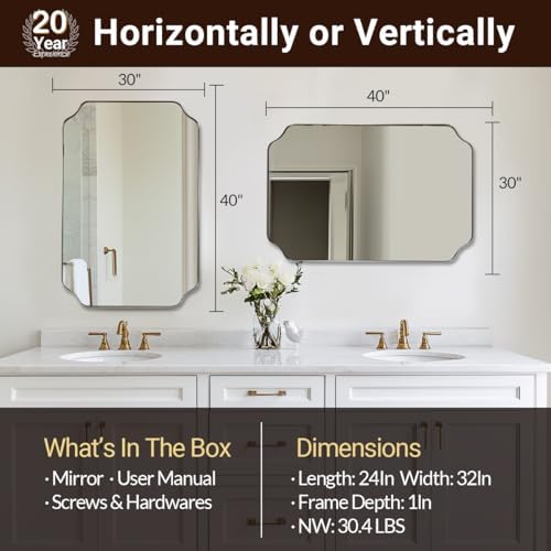 ANDY STAR Brushed Nickel Mirror 30x40 Inch, Rectangle Bathroom Mirror for Wall, Large Scalloped Wall Mirror in Anti-Rust Stainless Steel Metal 1’’ Frame, Wall Mounts Horizontally or Vertically