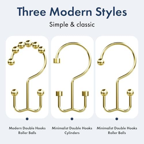 Bathway Shower Curtain Hooks Gold Shower Curtain Rings, 12 Pcs Double Hook Shower Curtain Hooks Rings Rust Shower Curtain Hangers Proof, Metal Shower Hooks for Bathroom Shower Curtain Rod