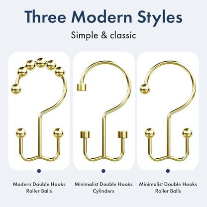 Bathway Shower Curtain Hooks Gold Shower Curtain Rings, 12 Pcs Double Hook Shower Curtain Hooks Rings Rust Shower Curtain Hangers Proof, Metal Shower Hooks for Bathroom Shower Curtain Rod