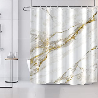 AWERT Abstract Minimalism White and Gold Ink Art Marble Shower Curtain for Bathroom Modern High Definition Printing Waterproof Shower Curtain with Hooks Bathroom Decor 72x84 inch