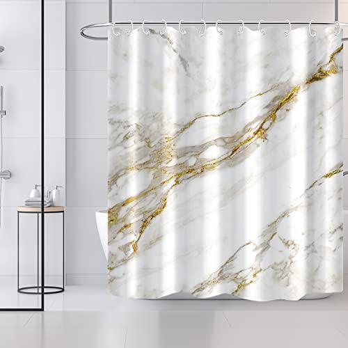 Marble Shower Curtain for Bathroom, Gold and White Shower Curtain 72x72inch