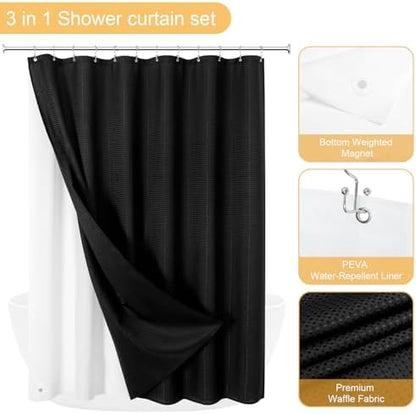 Gibelle 3 in 1 Black Shower Curtain with PEVA Liner, 12 Hooks, 72x72