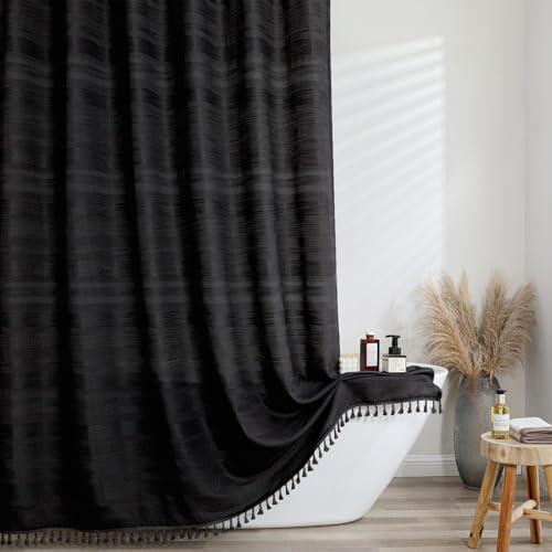 OVZME Extra Long Black Shower Curtain 96 Inch Long, Boho Linen Textured Soft Fabric Heavy Duty Cloth Bathroom Shower Curtain with Tassel, Tall Farmhouse Luxury Bath Decor, 72Wx96L Inches