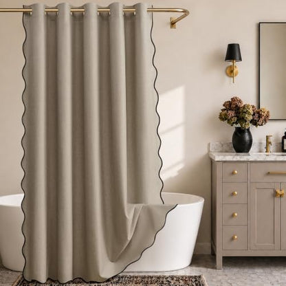 Furlinic Greige Scalloped Shower Curtain 72x96 No Hook Fabric Extra Long