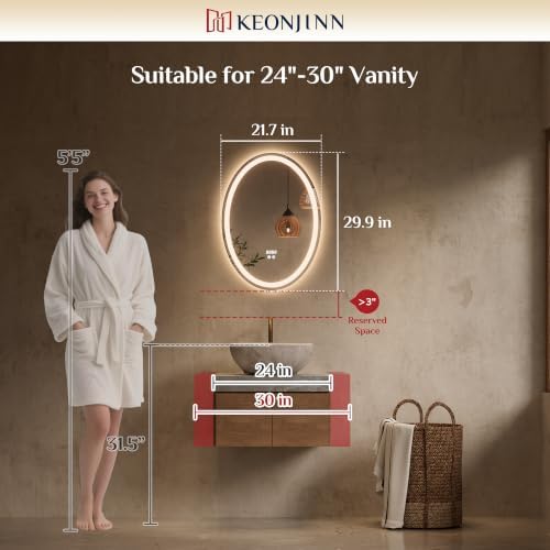 Keonjinn 22 x 30 Inch Oval LED Bathroom Mirror with Frontlit and Backlit
