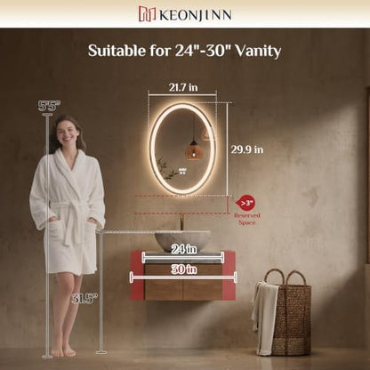 Keonjinn 22 x 30 Inch Oval LED Bathroom Mirror with Frontlit and Backlit