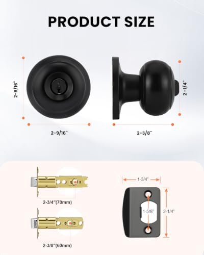 Haidms 1 Pack Matte Black Door Knob with Lock and Key, Keyed Entry Door Knobs Exterior, Black Doorknob with Lock and Key for Bedroom
