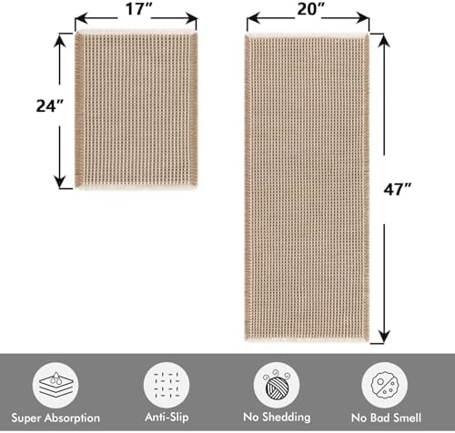 MIULEE Set of 2 Waffle Bathroom Rugs Brown&White Bath Mat 17"x24"+20"x47"