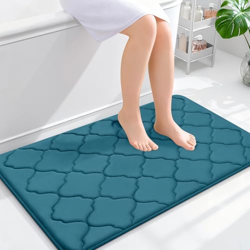 OLANLY Memory Foam Bath Mat Rug 36x24, Soft Bathroom Rugs, Peacock Blue