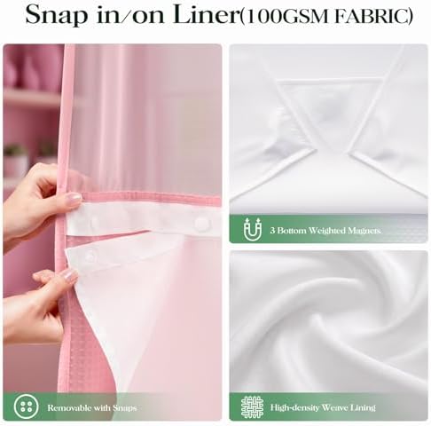 Dynamene Pink Hook Free Waffle Shower Curtain & Snap-in Fabric Liner,72x75