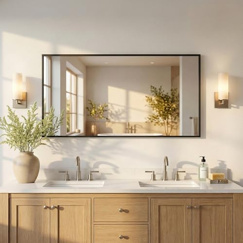 60"x30" Matte Black Wide Bathroom Wall Mirror for Double Vanity