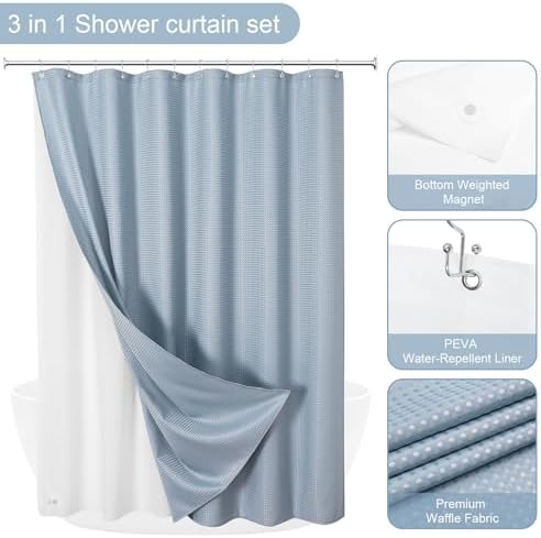 Gibelle 3 in 1 Fog Blue Shower Curtain with PEVA Liner, 12 Hooks, 72x72