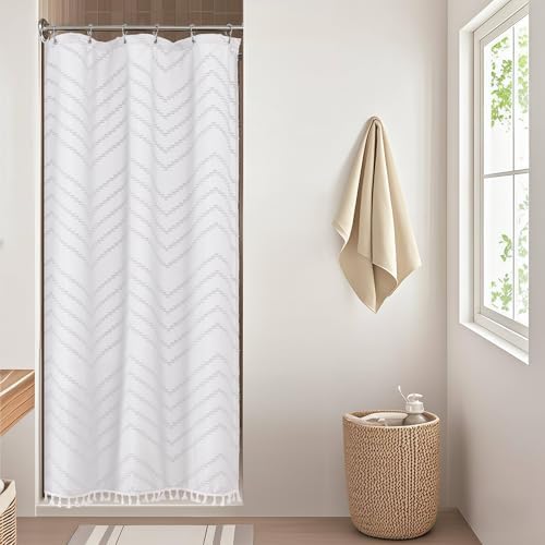 OWENIE Small Boho Stall Shower Curtain, White Fabric Cloth Stall Shower Curtain 36 x 72 Half Size with Tassel Tufted Chevron Striped Textured Modern Farmhouse for Bathroom, Machine Washable