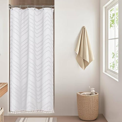 OWENIE Small Boho Stall Shower Curtain, White Fabric Cloth Stall Shower Curtain 36 x 72 Half Size with Tassel Tufted Chevron Striped Textured Modern Farmhouse for Bathroom, Machine Washable