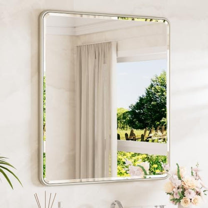 TETOTE Brushed Nickel Vanity Mirror for Bathroom 32 x 36 Beveled Edge Tempered Glass, Rounded Corner Rectangle Wall Mirror for Modern Bathroom, Living Room, Bedroom, Entryway