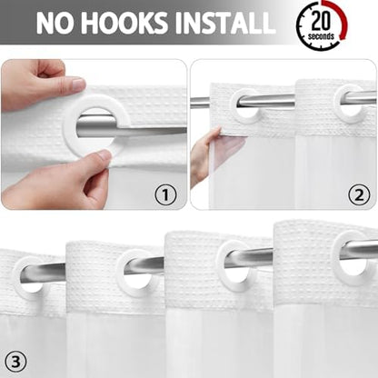 No Hook Shower Curtain with Liner Set Hotel Waffle Curtain White 72W X 81L