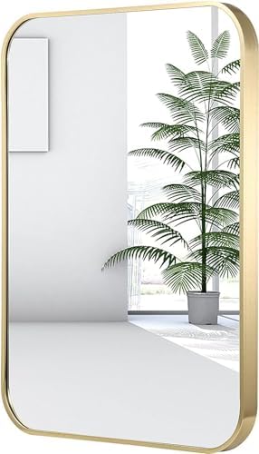 16x24 Inch Gold Bathroom Mirror, Brushed Brass Gold Metal Framed Rectangular Mirror with Rounded Corner, Wall Mounted Vanity Mirror for Bedroom or Living Room, Horizontal/Vertical