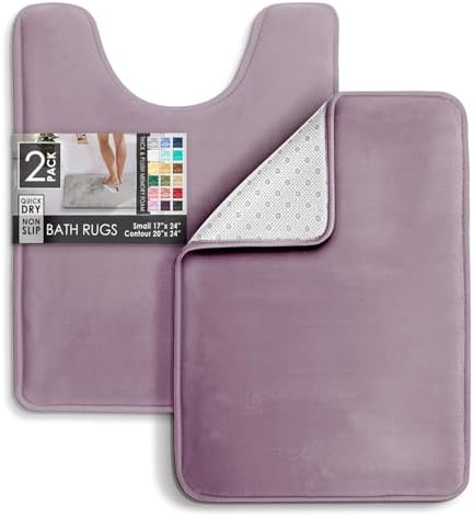 Clara Clark 2 Piece Bathroom Rugs, Velvet Memory Foam Bath Mat Set, Non-Slip Bath Rugs, Machine Wash, Dries Quickly, Ultra Soft Plush Bath Mats for Bathroom, 17 x 24 + Contour, Dusty Purple